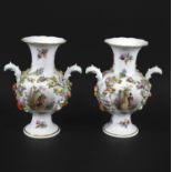 PAIR OF MEISSEN VASES - WATTEAU a pair of late 19thc vases, encrusted with a variety of flowers