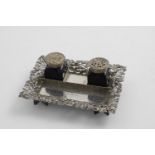A SMALL EARLY VICTORIAN INKSTAND fitted with two mounted blue glass bottles, the rectangular base