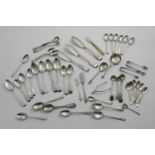 A MIXED LOT OF ASSORTED SPOONS, FLATWARE & CUTLERY TO INCLUDE:- Five dessert spoons, thirty tea