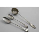 A LATE GEORGE II SOUP LADLE with a shaped and decorated terminal and a shell bowl, crested, by