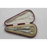 AN EDWARDIAN CASED PAIR OF GRAPE SHEARS with chased decoration and bead borders, by Mappin & Webb,