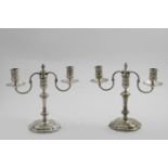 A PAIR OF LATE 20TH CENTURY TWIN-LIGHT CAST CANDELABRA on shaped square bases with knopped columns