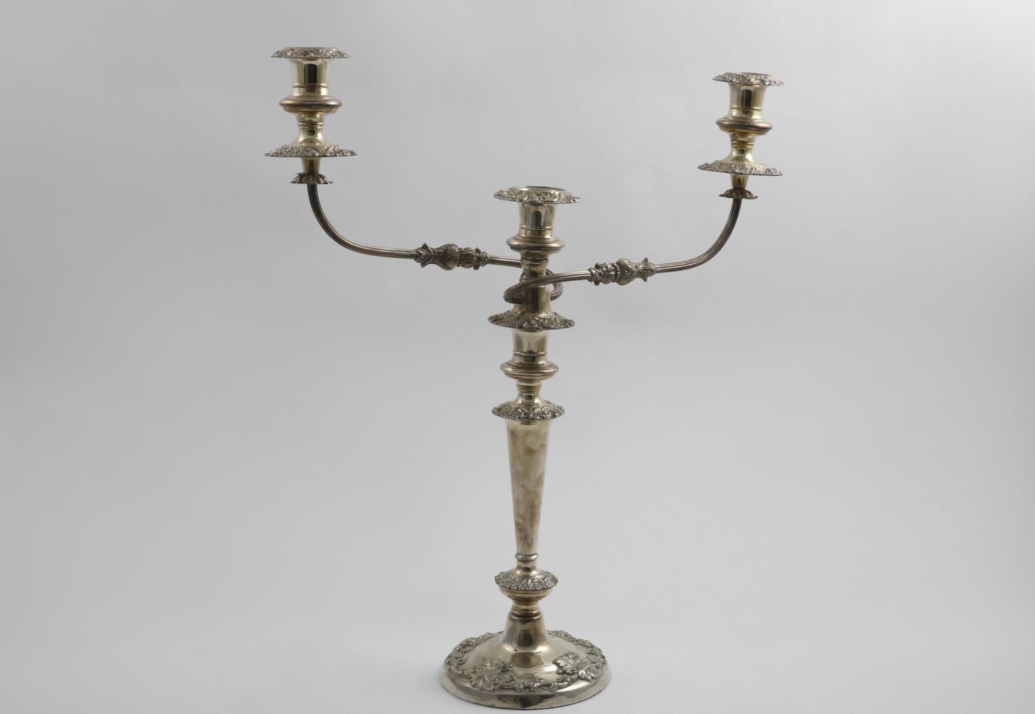 A PAIR OF LATE PERIOD OLD SHEFFIELD PLATED THREE-LIGHT CANDELABRA with plain tapering columns, - Image 3 of 3