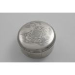 A GEORGE III IRISH FREEDOM BOX circular with a plain body and a pull-off cover, engraved with a coat