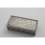 AN EDWARDIAN RECTANGULAR STAMP BOX with pierced sides, and an engraved cover, inscribed "Stamps",