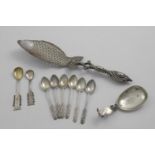 A MIXED LOT:- A set of six tea/coffee spoons with scroll-decorated, paddle-like terminals, by