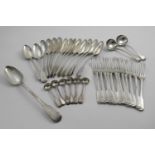 A GEORGE III PART-SERVICE OF FIDDLE PATTERN FLATWARE TO INCLUDE:- Twelve table forks, fourteen table