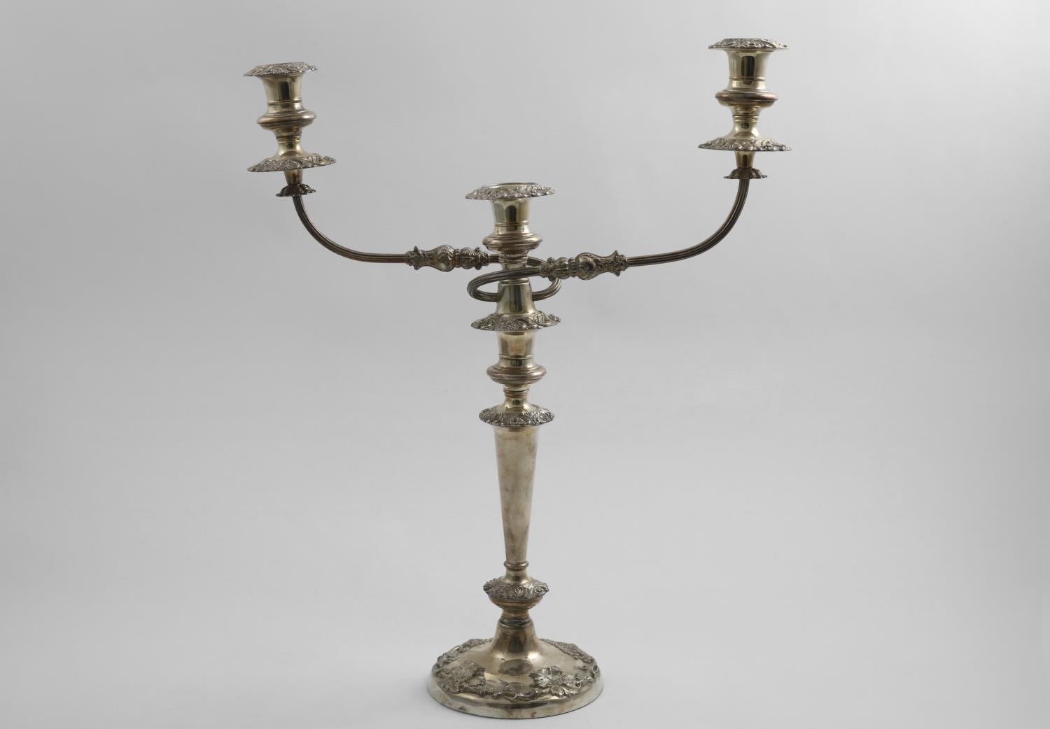 A PAIR OF LATE PERIOD OLD SHEFFIELD PLATED THREE-LIGHT CANDELABRA with plain tapering columns, - Image 2 of 3