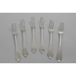 A SET OF SIX "OUT OF PERIOD" THREE-PRONG FORKS (Dognose pattern) with a coat of arms engraved on the