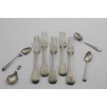 A MIXED LOT:- Five George III Fiddle pattern table forks, crested, together with a George III