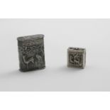 TWO CHINESE BOXES:- The larger one with a crane and a deer in relief on each side and a dragon on
