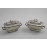A PAIR OF MIDDLE PERIOD OLD SHEFFIELD PLATED SAUCE TUREENS & COVERS of rounded oblong form with