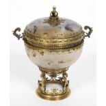 AN AGATE BOWL AND COVER Squat circular shape, the creamy brown stone set in silver gilt mounts of