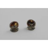 A PAIR OF EARLY 20TH CENTURY MENU CARD HOLDERS with inlaid tortoiseshell clips and circular bases,