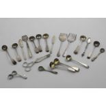 A MIXED LOT;- Fifteen various small spoons (mainly for condiments), a pair of late Victorian sugar