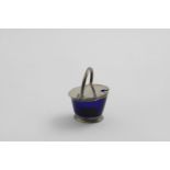 A LATE VICTORIAN MOUNTED BLUE GLASS MUSTARD POT in the form of a coal bucket by H. Matthews,