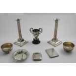 A MIXED LOT:- A pair of George III candlesticks on bevelled square bases with detachable nozzles, by