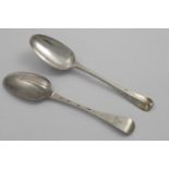 A PAIR OF GEORGE I HANOVERIAN PATTERN TABLE SPOONS with plain moulded rattails and the initials "