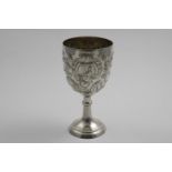 A LATE VICTORIAN EMBOSSED TROPHY GOBLET (for pigeon racing) with a cartouche on each side; one