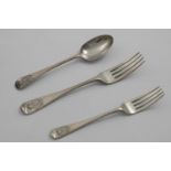 VICTORIAN ADMIRALTY PATTERN FLATWARE:- A table fork by J. Hunt & R. Roskell, London 1866 and a