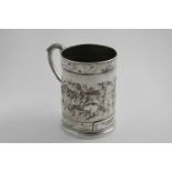 AN INTERESTING ELECTROTYPED, PLATED COPPER MUG decorated in low relief with the "Canterbury