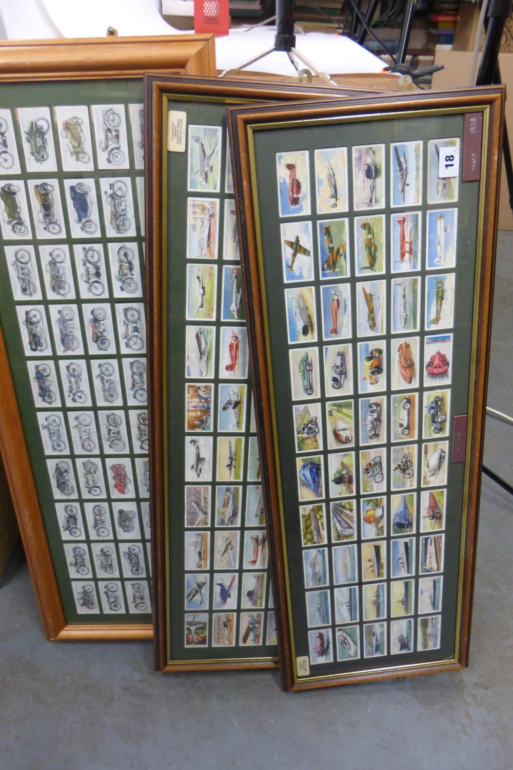 Motorcycle Cigarette Cards Framed and Glazed. Three sets of cigarette cards, each of 50 cards, and