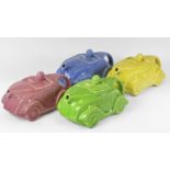 Novelty Motorcar Teapots. Four teapots, green, pink, blue and yellow, the type without decorative