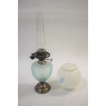 VICTORIAN SILVER OIL LAMP a small oil lamp with a turquoise glass body, mounted with a silver