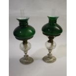 PAIR OF PEG LAMPS & SHADES with silver plated bases, glass faceted fonts and burner fittings. With 2