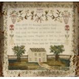 18THC SAMPLER - SOPHIA SARGENT the sampler embroidered with a house and garden and with a