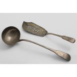 A GEORGE III FIDDLE PATTERN SOUP LADLE initialled and crested, by Messrs. William Eley & William