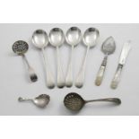 A SMALL MIXED LOT:- A set of four English pattern soup spoons, by C.W. Fletcher, Sheffield 1920, a