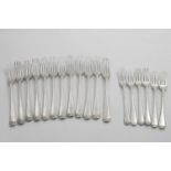 A SET OF TWELVE GEORGE III OLD ENGLISH BEAD PATTERN TABLE FORKS and six dessert forks to match,