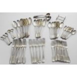 A COLLECTED OR HARLEQUIN PART SERVICE OF FIDDLE AND THREAD PATTERN FLATWARE TO INCLUDE:- Seven table