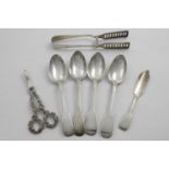 A MIXED LOT:- Four William IV Newcastle-made Fiddle table spoons by two makers, 1831, a George III