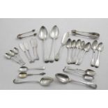 A MIXED LOT:- Two George III Old English pattern table spoons, five various butter knives,