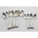 A MATCHED SET OF SEVEN GEORGE III OLD ENGLISH PATTERN TABLE SPOONS and four dessert spoons, all