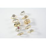 TEN ASSORTED GOLD AND GEM SET RINGS including a diamond cluster ring, set in 18ct gold, size N, a