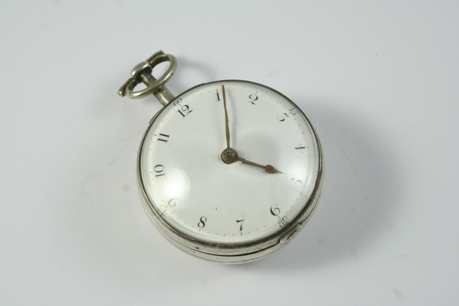 A SILVER PAIR CASE VERGE POCKET WATCH the white enamel dial with Arabic numerals, the movement - Image 4 of 5