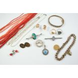 A QUANTITY OF JEWELLERY including three coral bead necklaces, a pair of coral earrings, a pair of