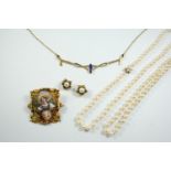 A QUANTITY OF JEWELLERY including two cultured pearl necklaces, a lapis lazuli and 9ct gold necklet,