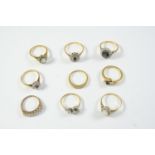 TEN ASSORTED GOLD AND GEM SET RINGS including a sapphire and diamond three stone ring, set in 18ct