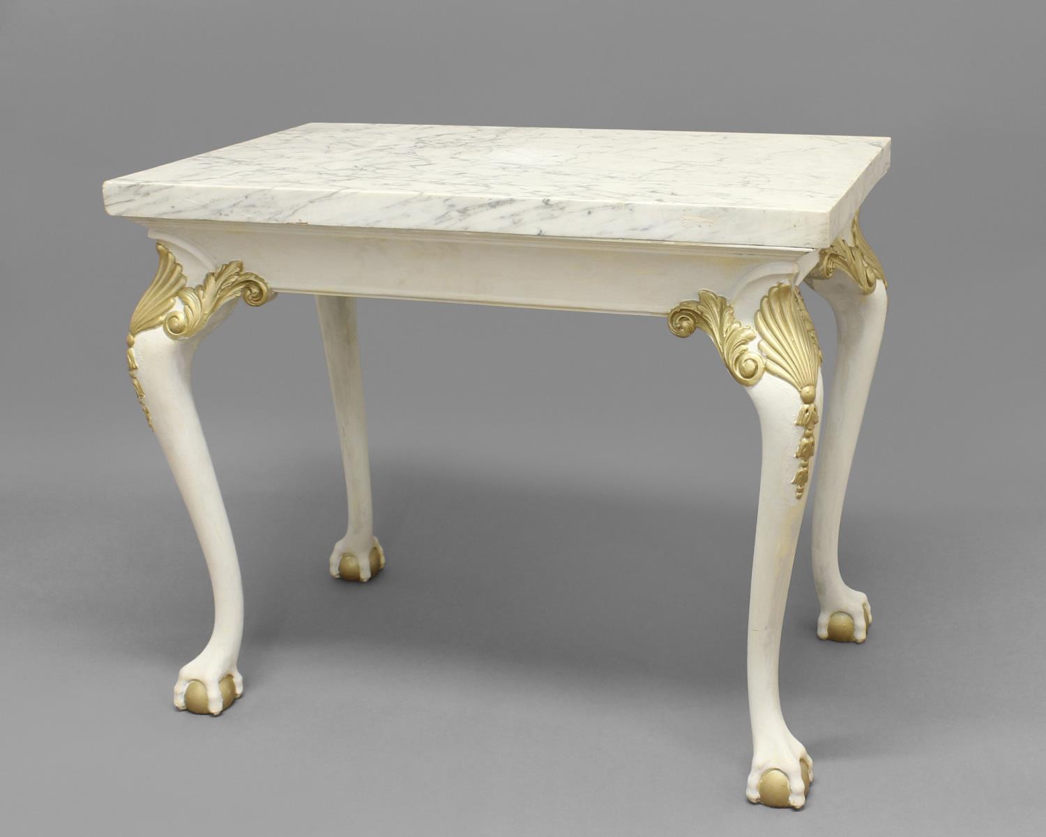A MARBLE TOPPED CONSOLE TABLE, 20th century, the painted base with gilt detailing on ball and claw - Image 2 of 2