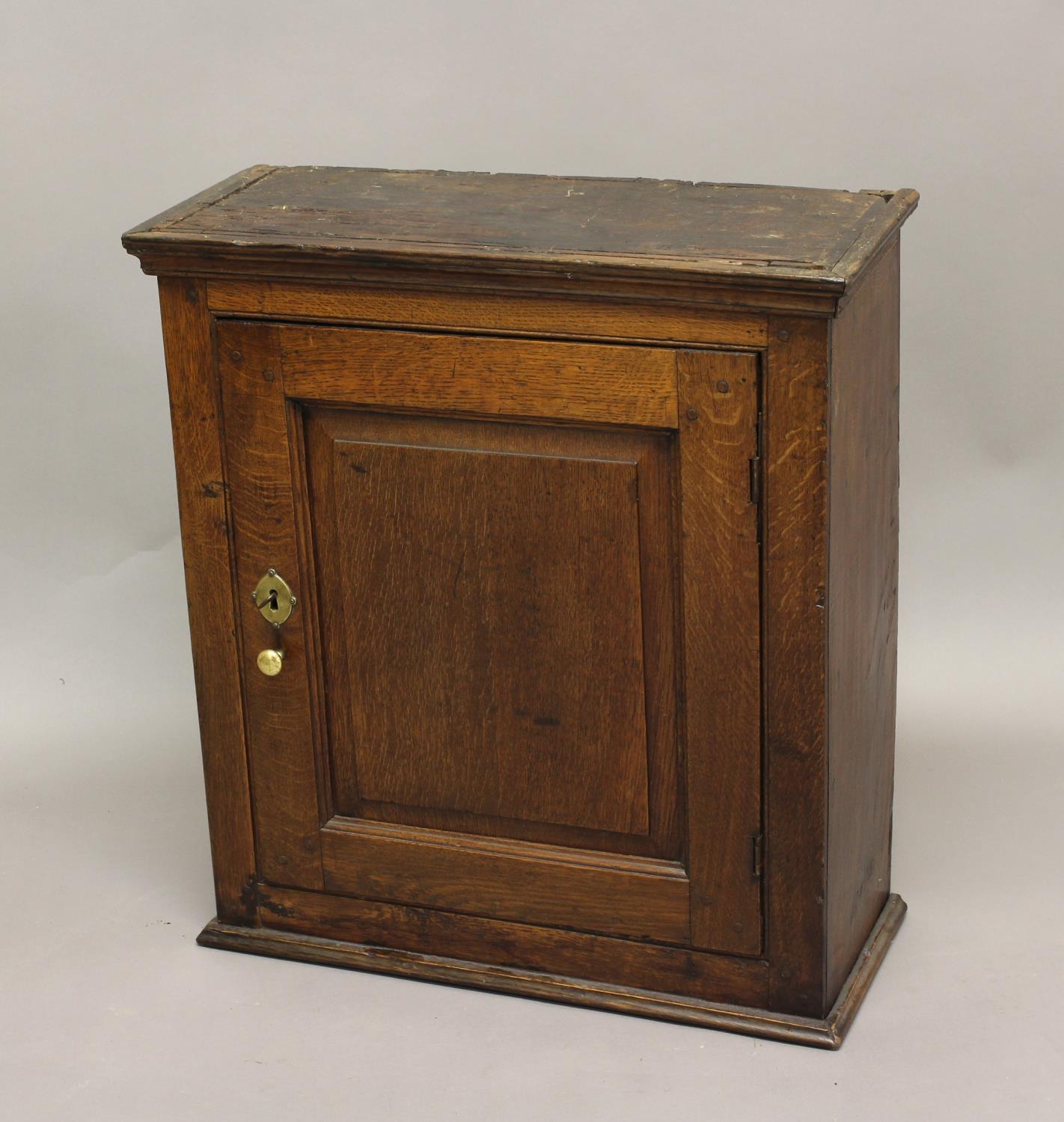 AN 18TH CENTURY OAK CUPBOARD, with panelled door, the interior with a single shelf, height 68cm,