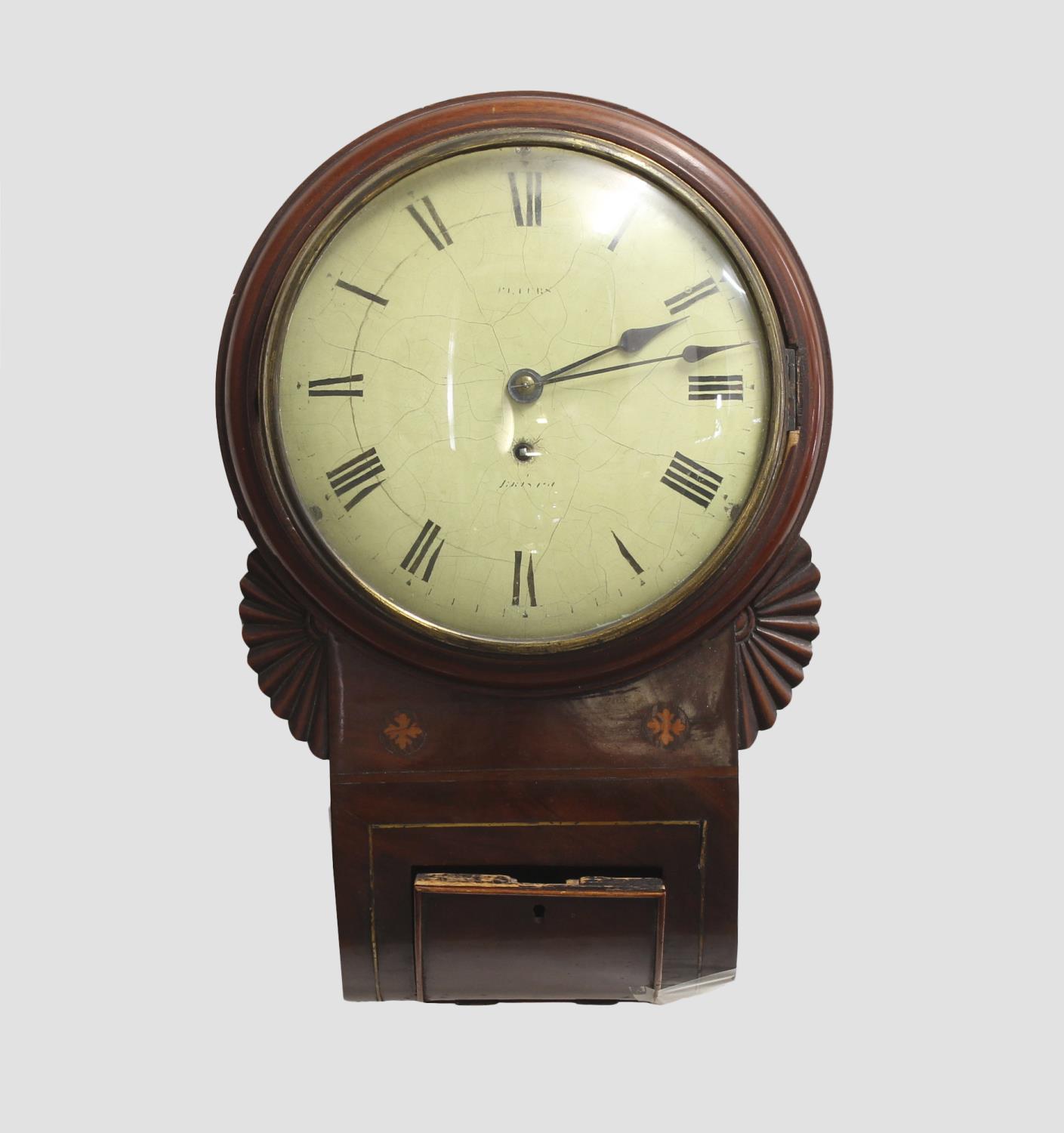 A REGENCY MAHOGANY BRISTOL MADE DROP DIAL WALL CLOCK. A mahogany cased drop dial wall clock with 9