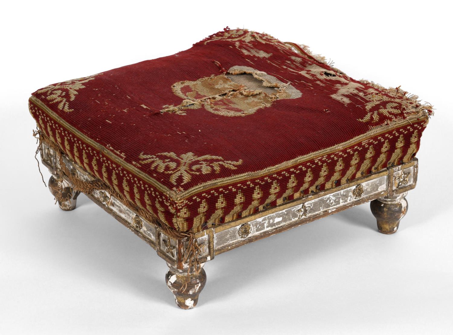 A WILLIAM IV STOOL, POSSIBLY A CORONATION STOOL. A fine needlework and gilt gesso stool, the