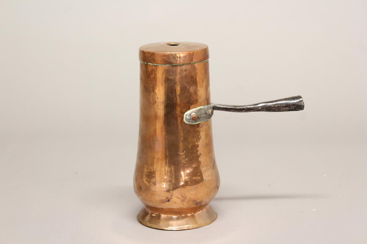 A LATE 18TH CENTURY FRENCH CHOCOLATE POT. A French copper chocolate pot of tall bellied form with