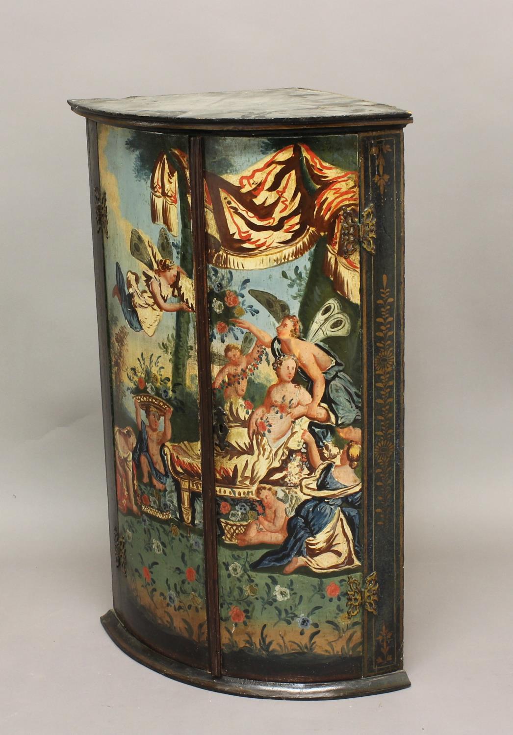 18TH CENTURY ITALIAN CORNER CUPBOARD, the doors decorated with scenes depicting cherubs and fairies,