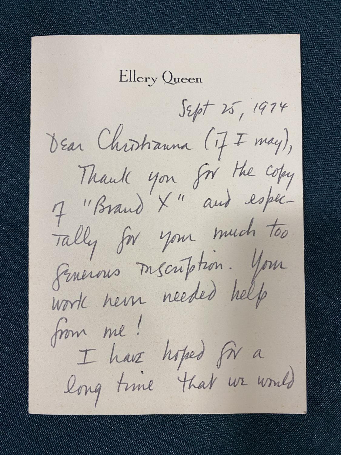 Dannay, Frederic, 'Ellery Queen.' An autograph letter signed from the author to Christianna