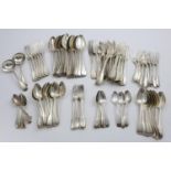 A GEORGE III CANTEEN OF FIDDLE, THREAD AND DROP PATTERN FLATWARE (without shoulders) TO INCLUDE:-